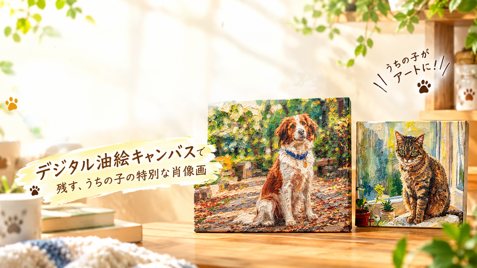 油絵風キャンバスに仕上げた犬と猫の肖像画